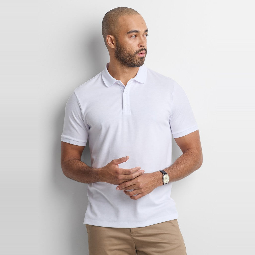 Biz Focus Mens Short Sleeve Polo P313MS in White/White, worn by model, view 2