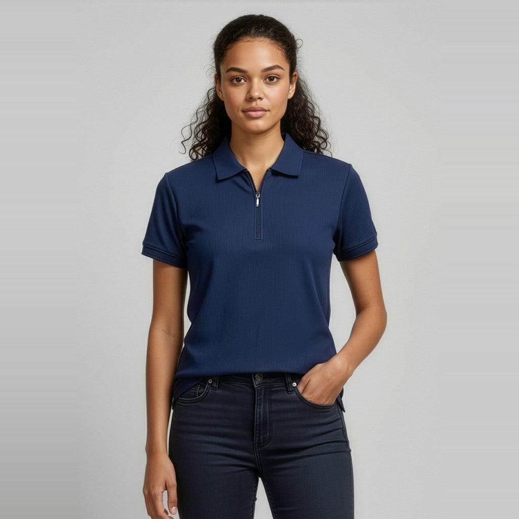 Biz Micro Womens Waffle Short Sleeve Polo P3325, worn by model