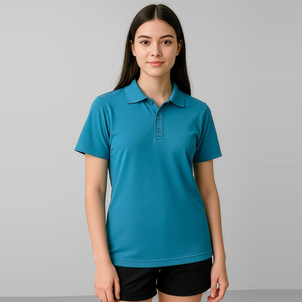 Biz Crew Kids Short Sleeve Polo P400KS in Cyan, worn by model