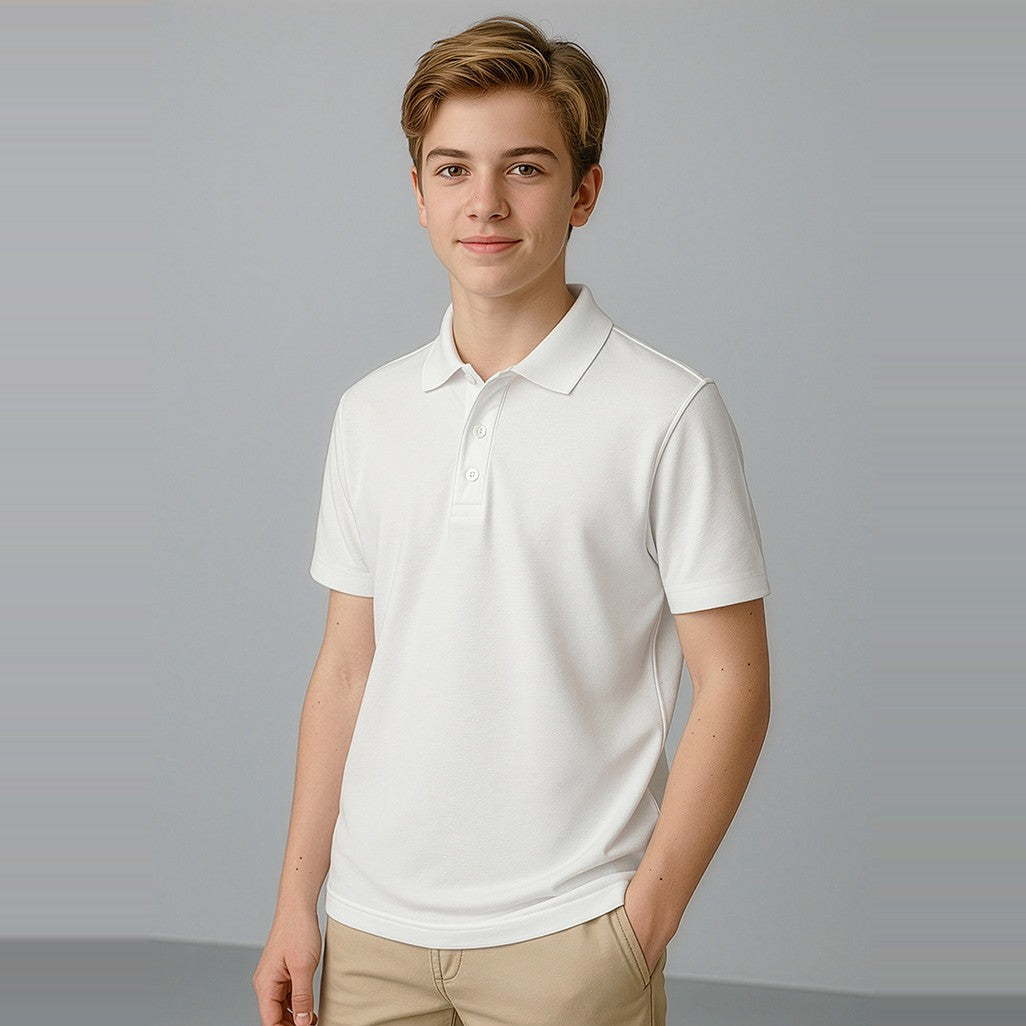 Biz Crew Kids Short Sleeve Polo P400KS in White, worn by model