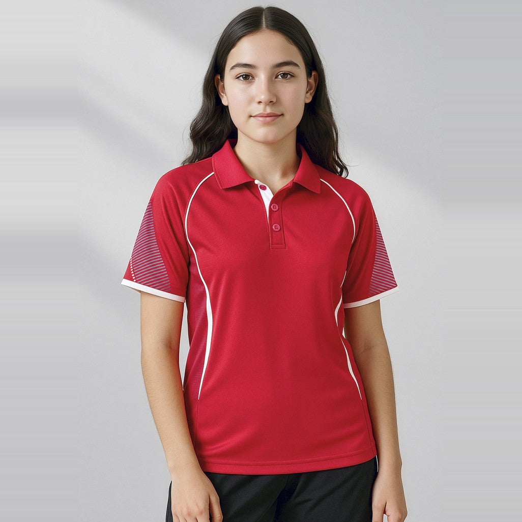 Biz Razor Kids Short Sleeve Polo P405KS in Red/White, worn by model