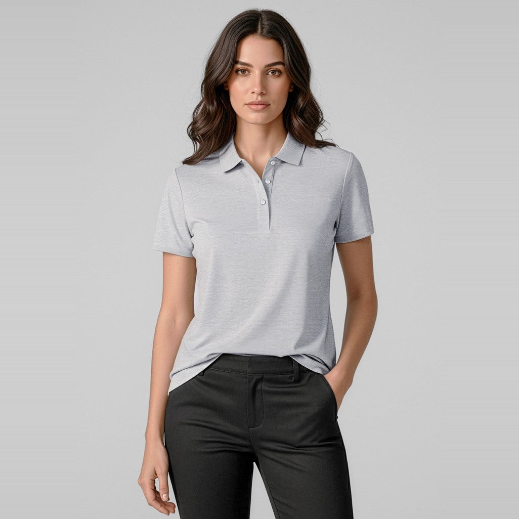 Biz Orbit Womens Short Sleeve Polo P410LS in Silver, worn by model