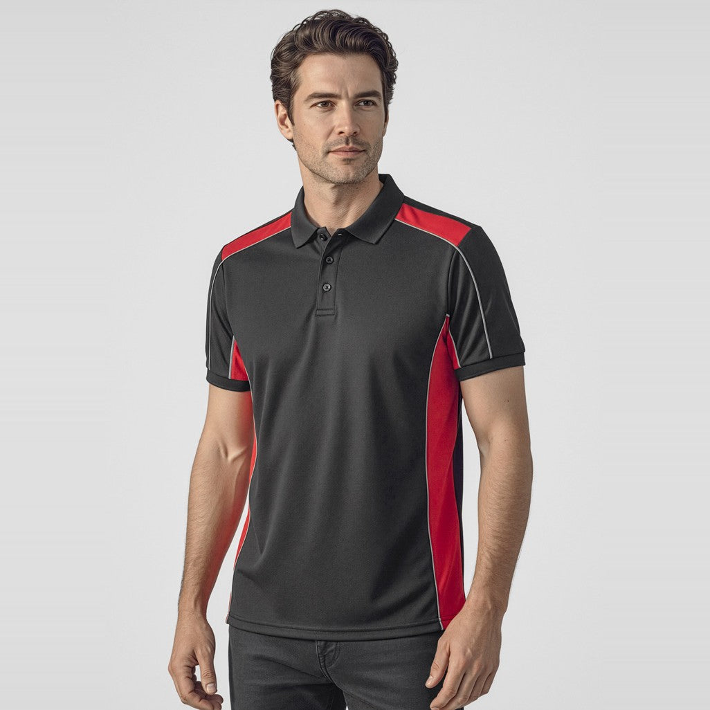 Biz Grid Unisex Short Sleeve Polo P413US in Black/Red, worn by model