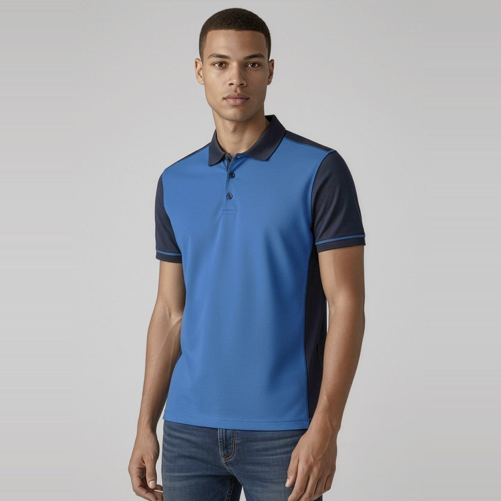 Biz Dart Mens Short Sleeve Polo P419MS in Navy/Royal, worn by model