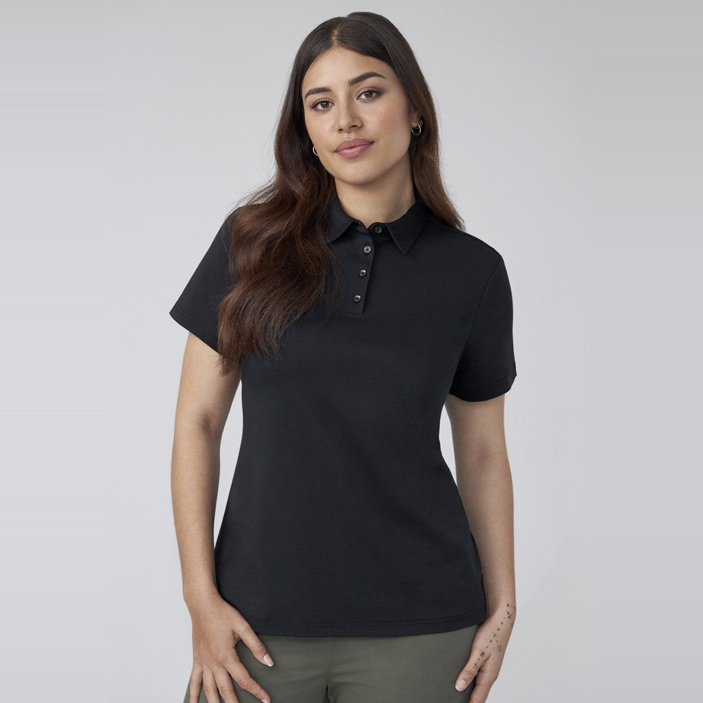 Biz Lotus Womens Short Sleeve Polo P515LS in Black, worn by model