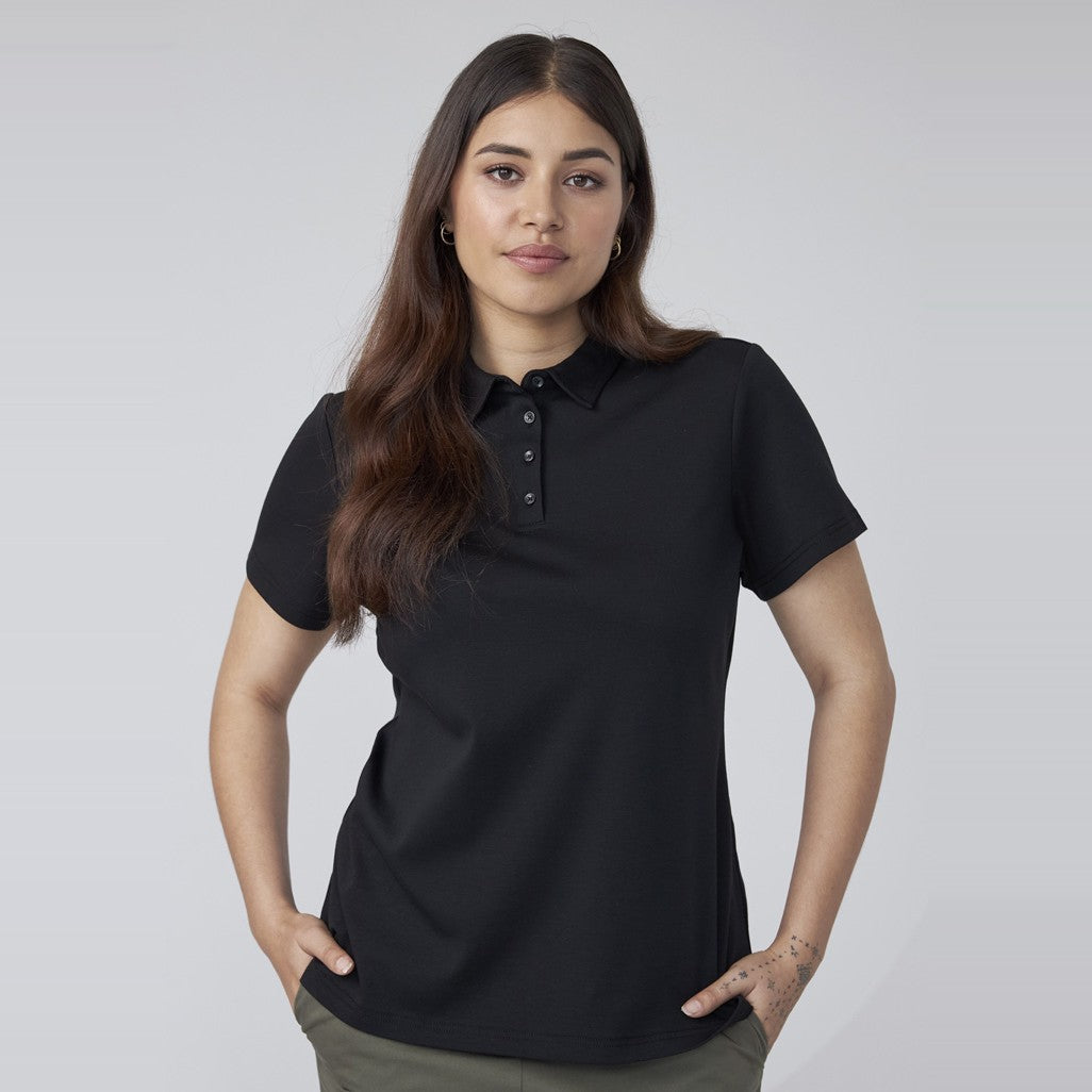 Biz Lotus Womens Short Sleeve Polo P515LS in Black, worn by model, view 2