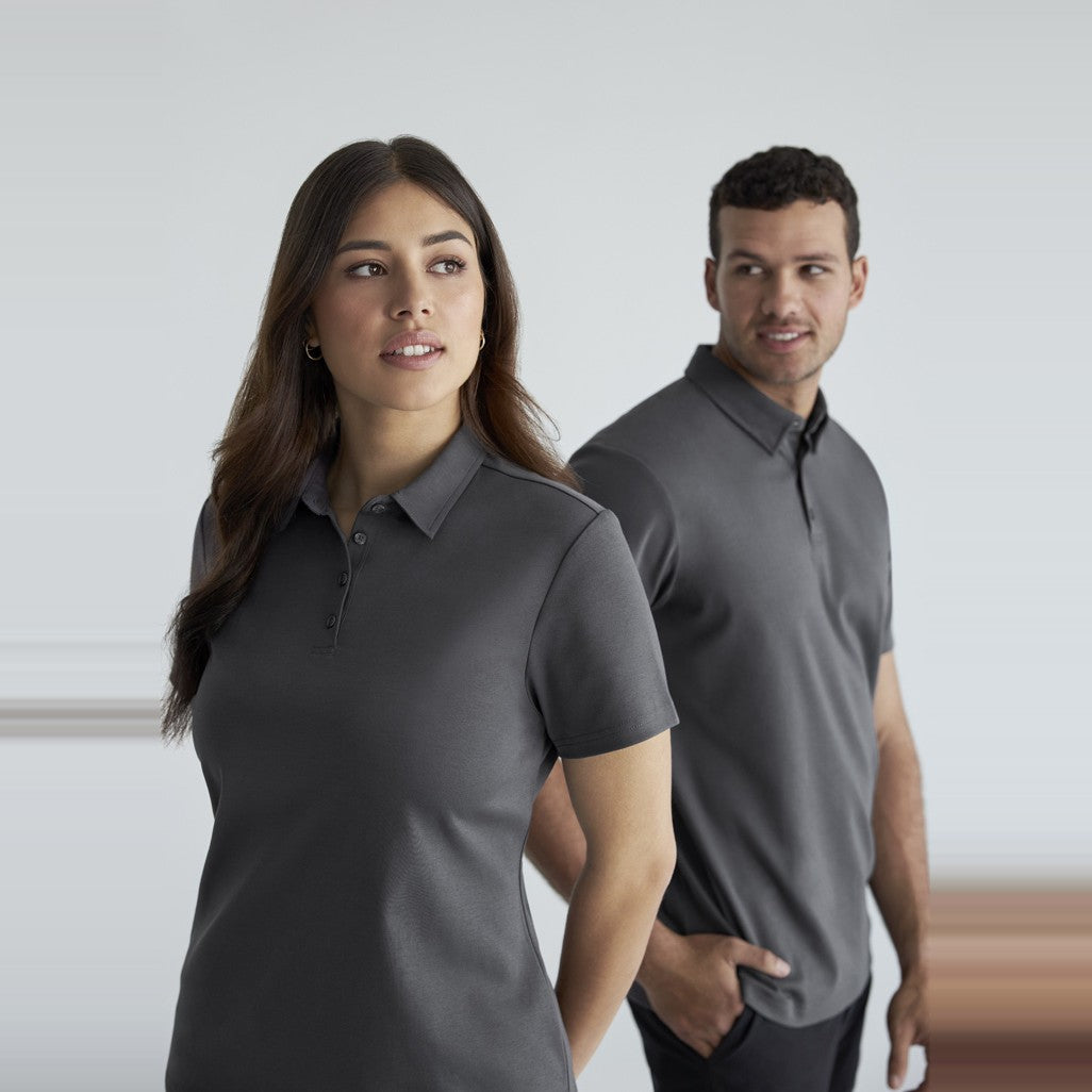 Biz Lotus Womens Short Sleeve Polo P515LS in Charcoal, worn by model