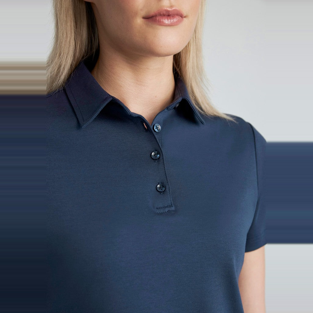 Biz Lotus Womens Short Sleeve Polo P515LS in Mineral Blue, worn by model, view 2