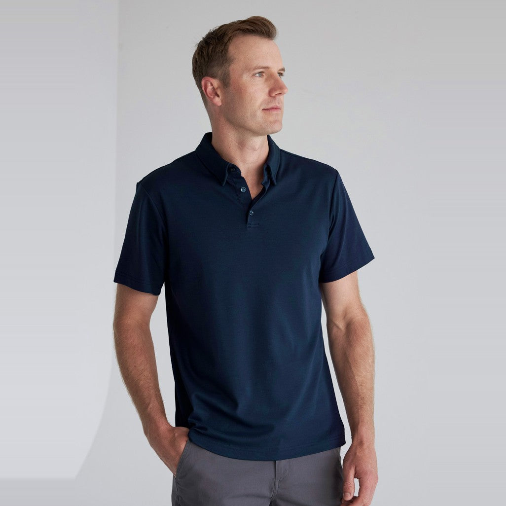 Biz Lotus Mens Short Sleeve Polo P515MS in Navy, worn by model