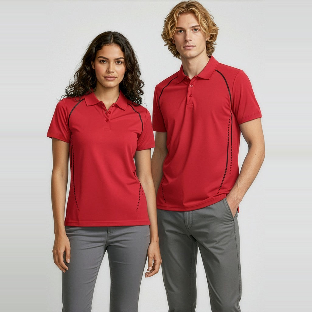 Biz Cyber Womens Short Sleeve Polo P604LS in Red/Silver, worn by model, view 2