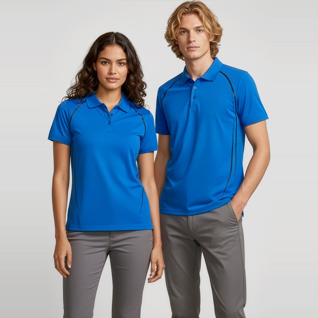Biz Cyber Womens Short Sleeve Polo P604LS in Royal/Silver, worn by model