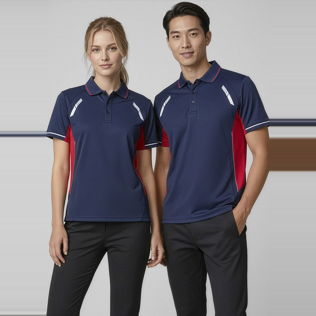Biz Renegade Womens Short Sleeve Polo P700LS in Navy/Red/Silver, worn by model