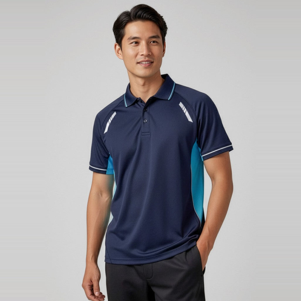 Biz Renegade Mens Short Sleeve Polo P700MS in Navy/Sky/Silver, worn by model
