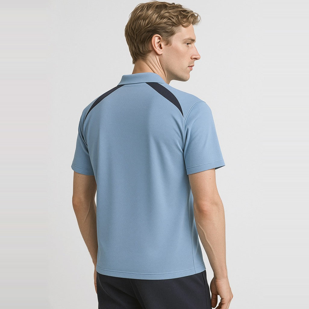 Biz Splice Mens Short Sleeve Polo P7700 in Spring Blue/Navy, worn by model
