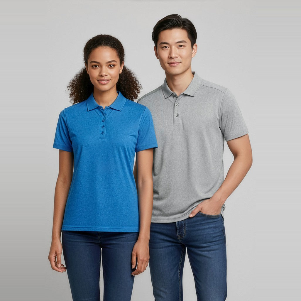 Biz Aero Womens Short Sleeve Polo P815LS in Cyan, worn by model
