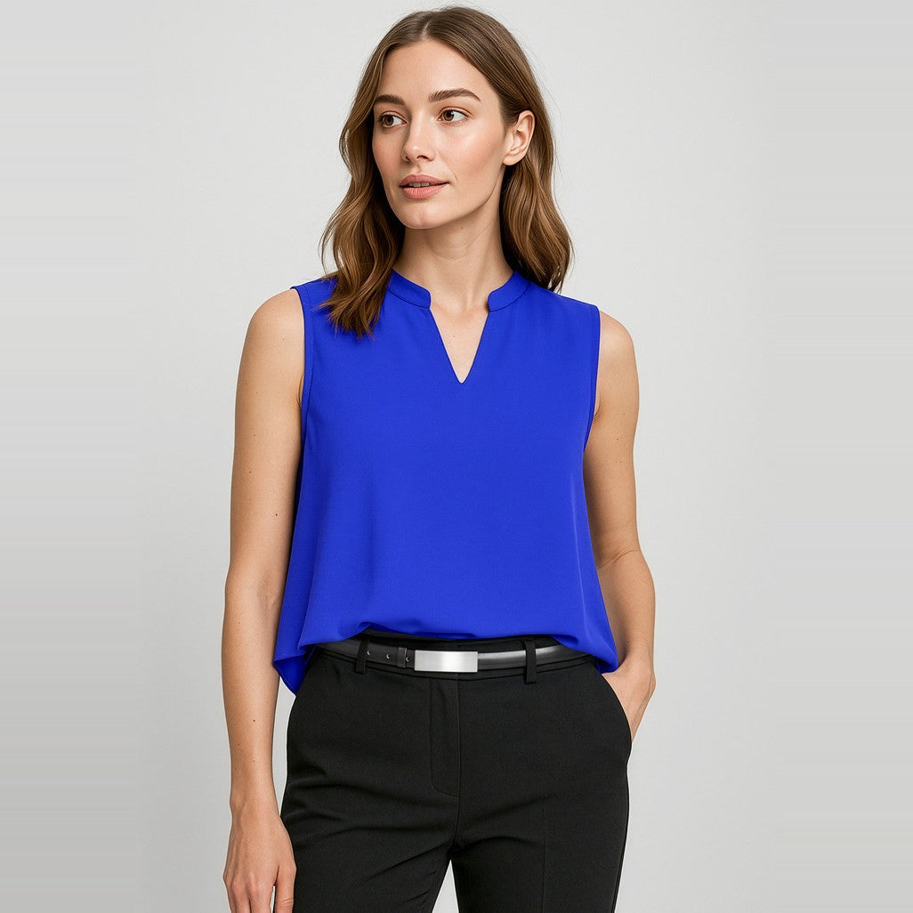 Biz Corporates Seville Womens Sleeveless Layered Blouse RB260LN in Cobalt, worn by model