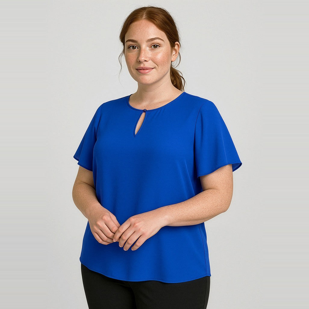 Biz Corporates Vienna Womens Short Sleeve Blouse RB261LS in Cobalt, worn by model