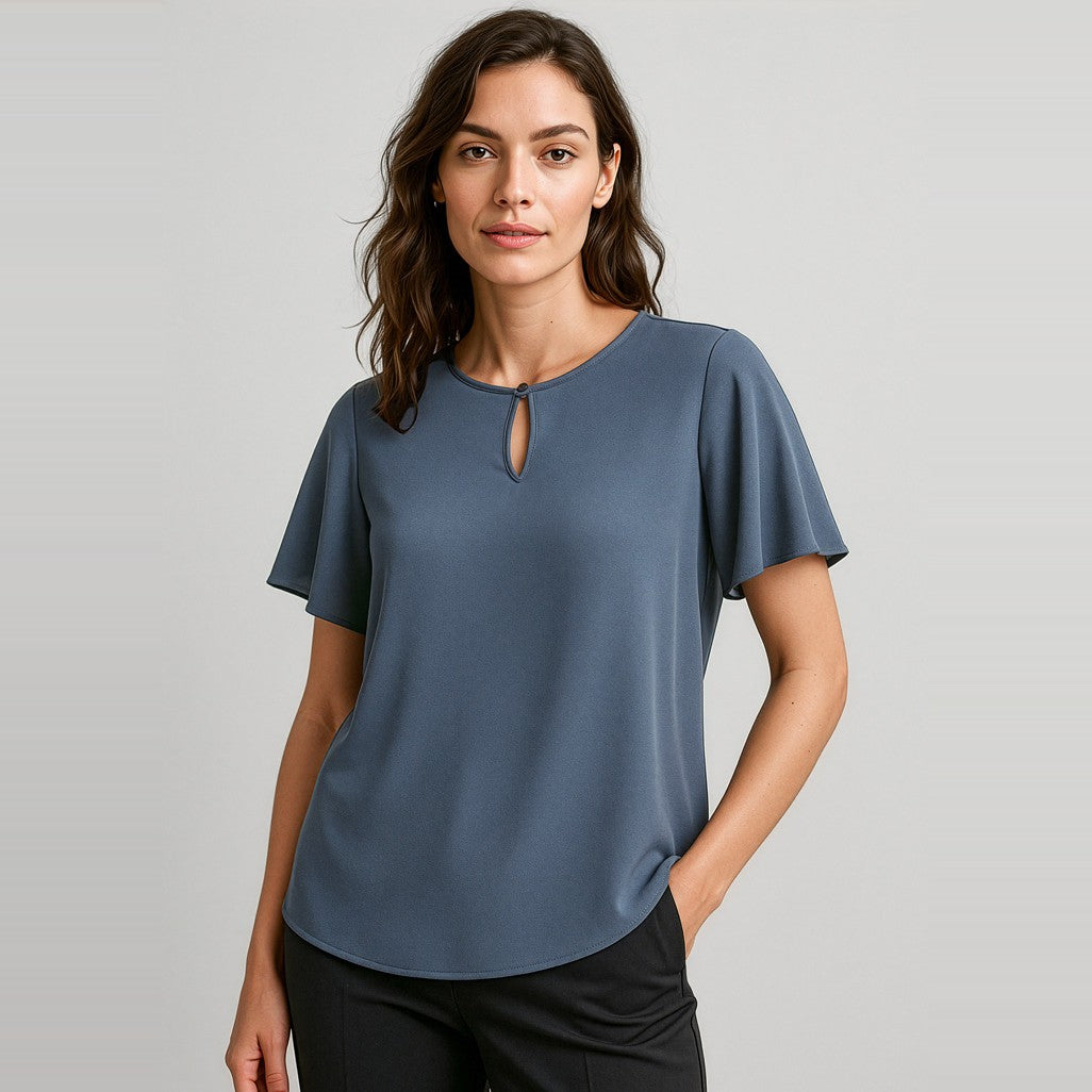 Biz Corporates Vienna Womens Short Sleeve Blouse RB261LS in Storm Blue, worn by model