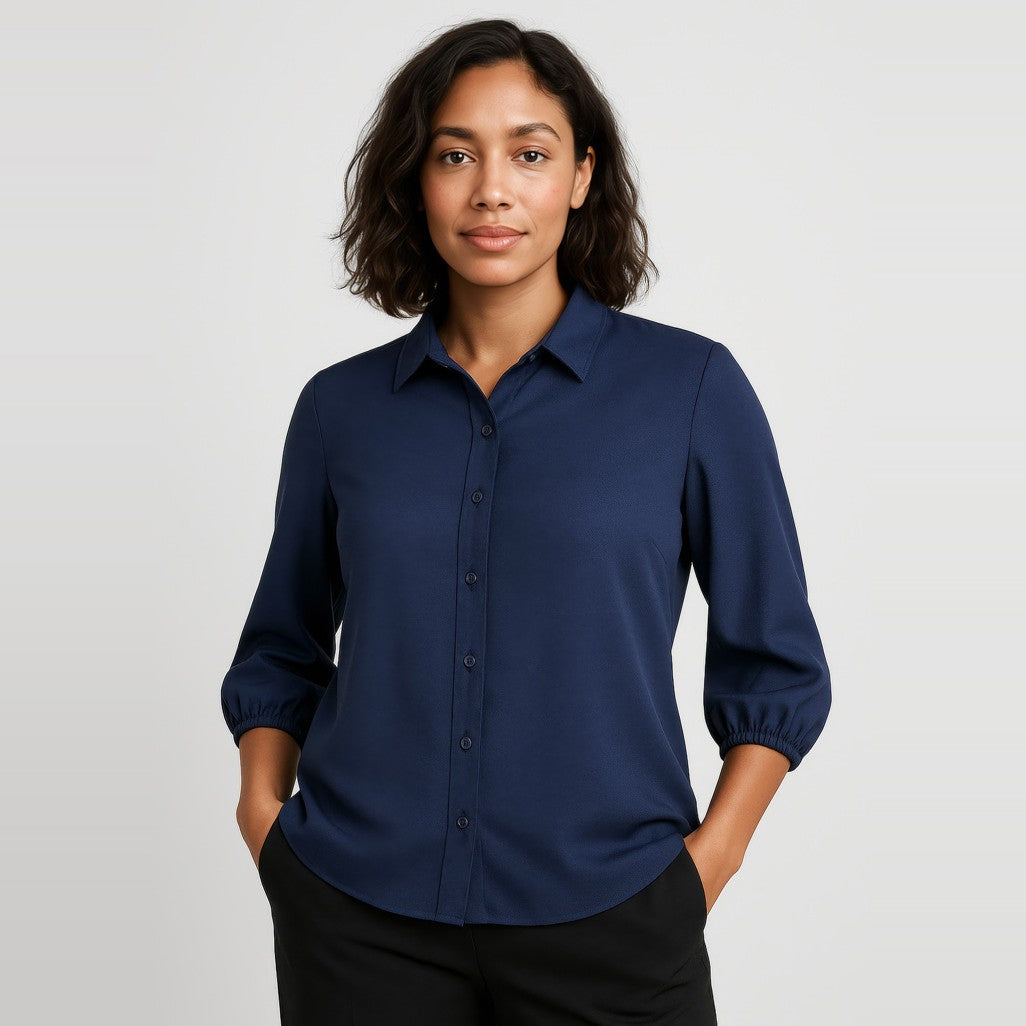Biz Corporates Lucy Womens 3/4 Sleeve Blouse RB965LT in Navy, worn by model