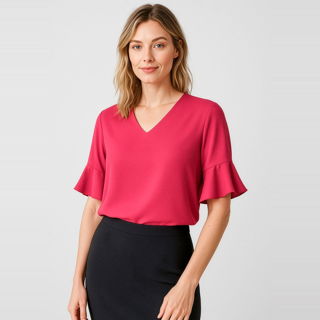 Biz Corporates Aria Womens Fluted Sleeve Blouse RB966LS in Raspberry, worn by model