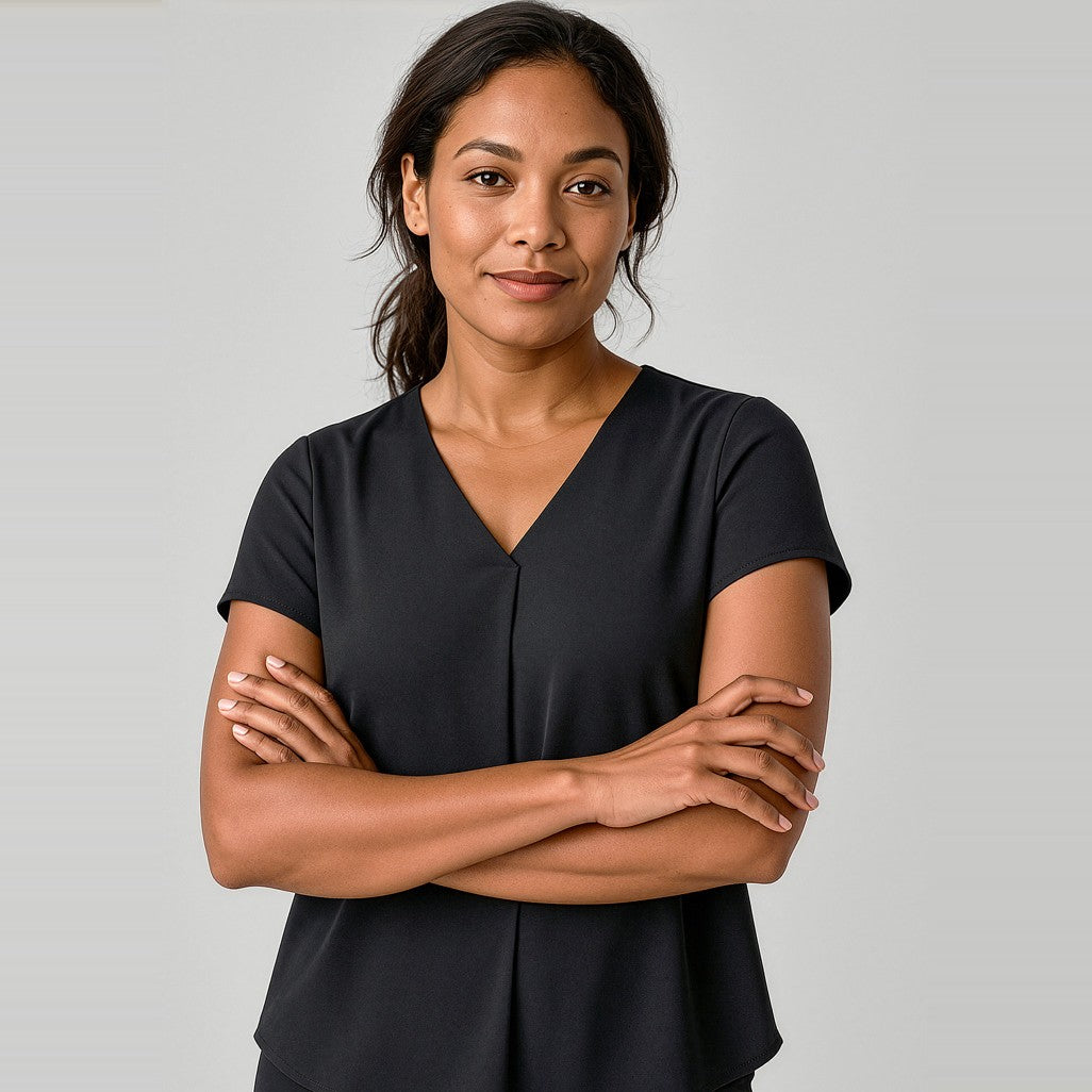 Biz Corporates Kayla Womens V-Neck Pleat Blouse RB967LS in Black, worn by model