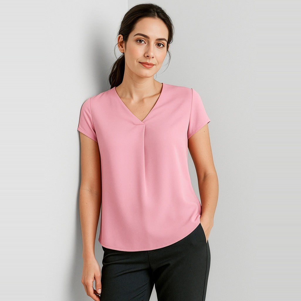 Biz Corporates Kayla Womens V-Neck Pleat Blouse RB967LS in Dusty Rose, worn by model