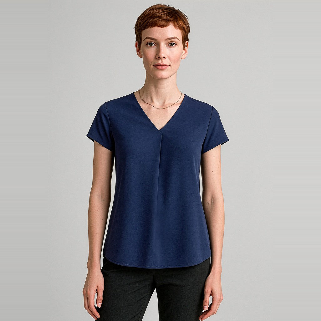 Biz Corporates Kayla Womens V-Neck Pleat Blouse RB967LS in Navy, worn by model