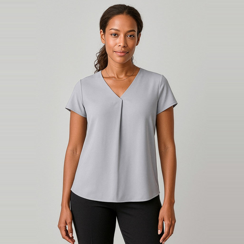 Biz Corporates Kayla Womens V-Neck Pleat Blouse RB967LS in Silver, worn by model