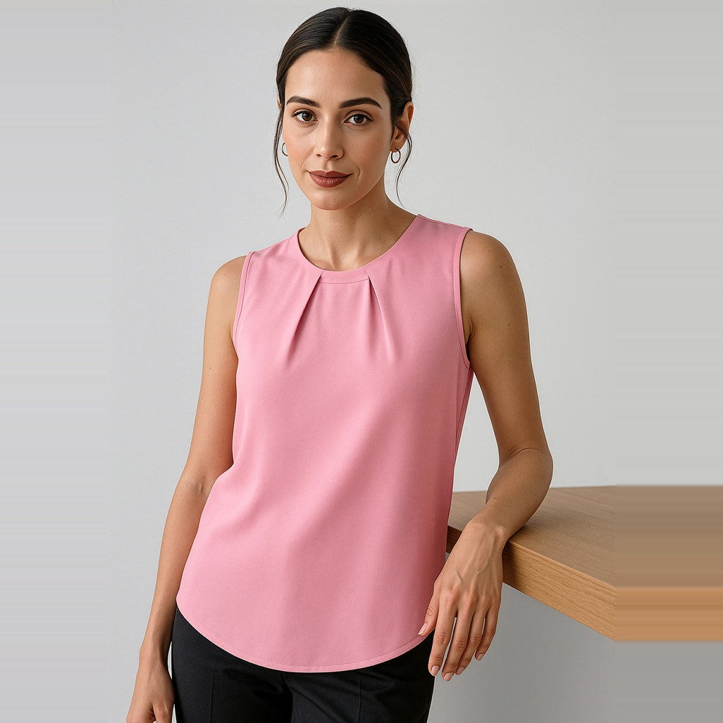 Biz Corporates Estelle Womens Sleeveless Pleat Detail Blouse RB973LN in Dusty Rose, worn by model