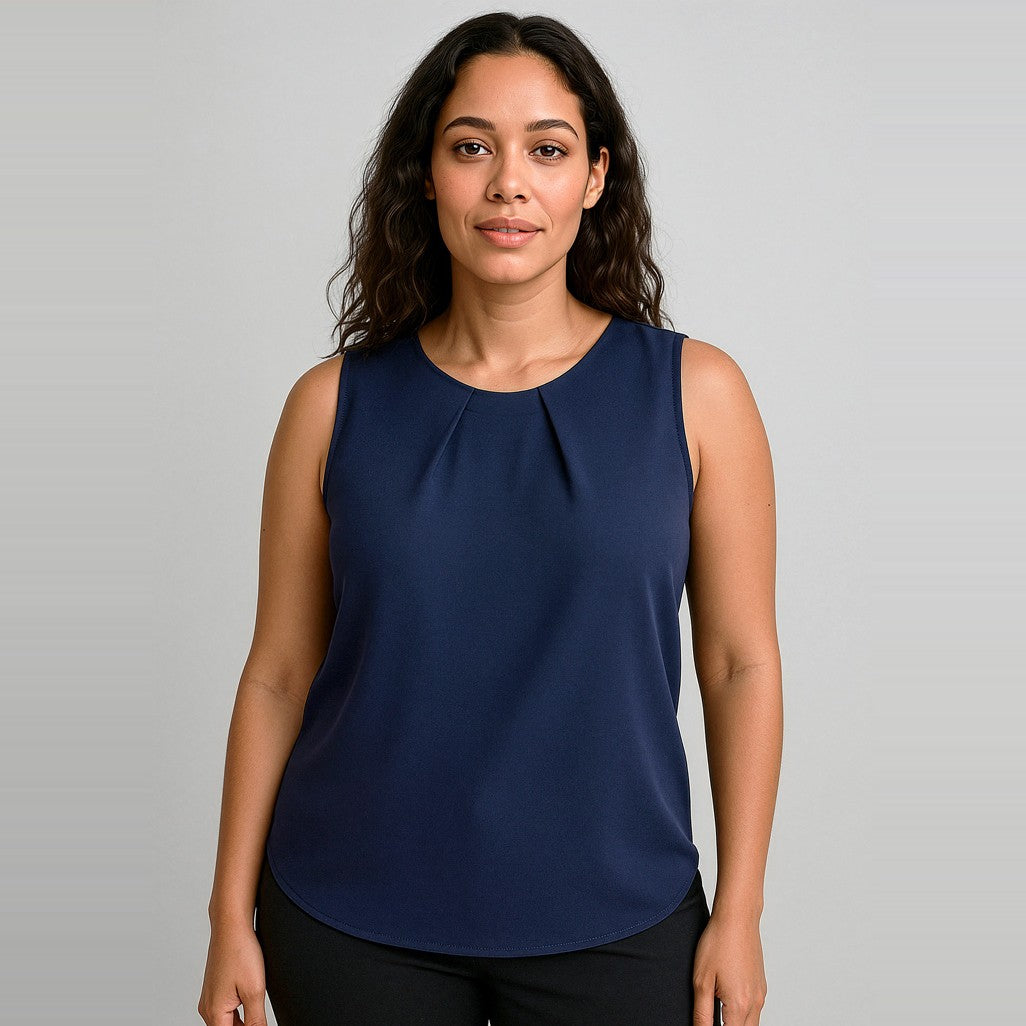 Biz Corporates Estelle Womens Sleeveless Pleat Detail Blouse RB973LN in Navy, worn by model