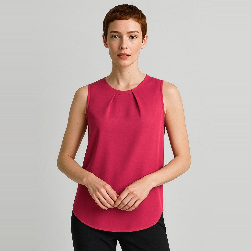 Biz Corporates Estelle Womens Sleeveless Pleat Detail Blouse RB973LN in Raspberry, worn by model