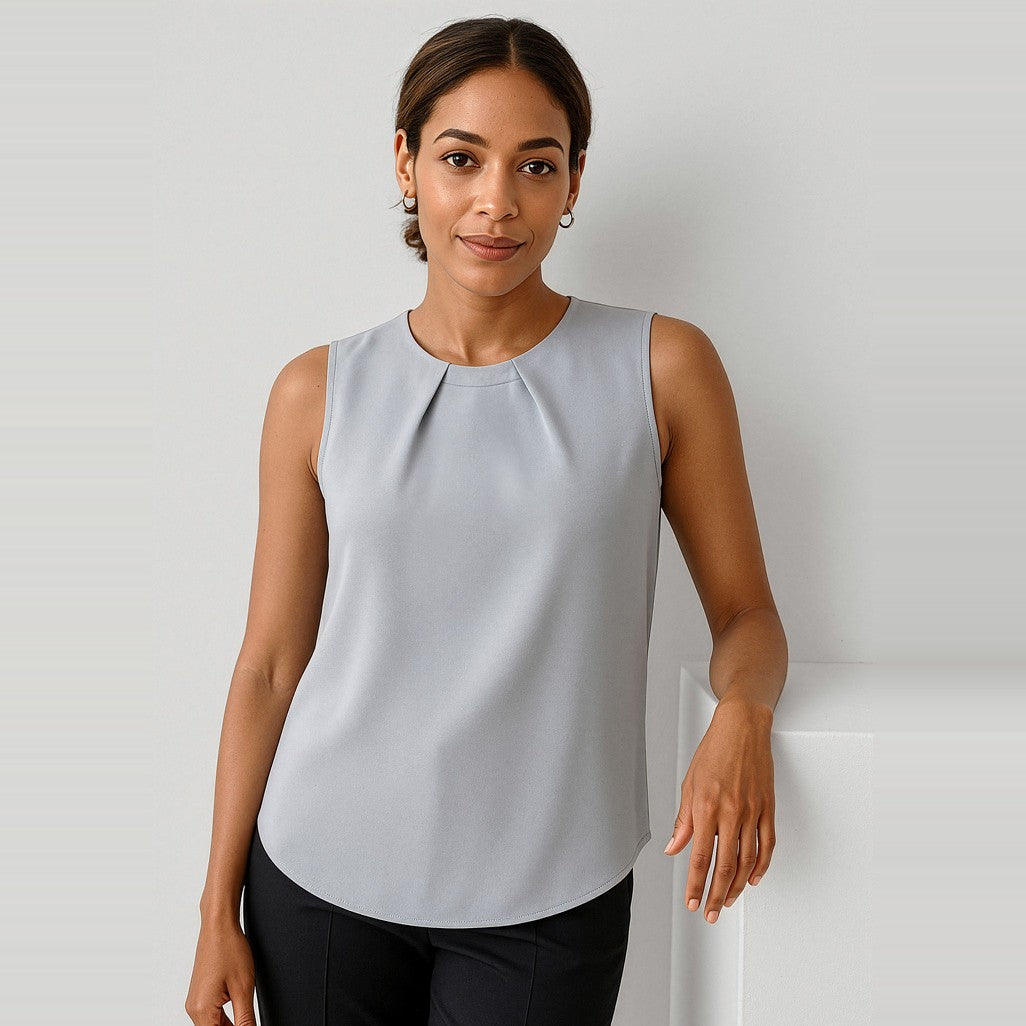 Biz Corporates Estelle Womens Sleeveless Pleat Detail Blouse RB973LN in Silver, worn by model