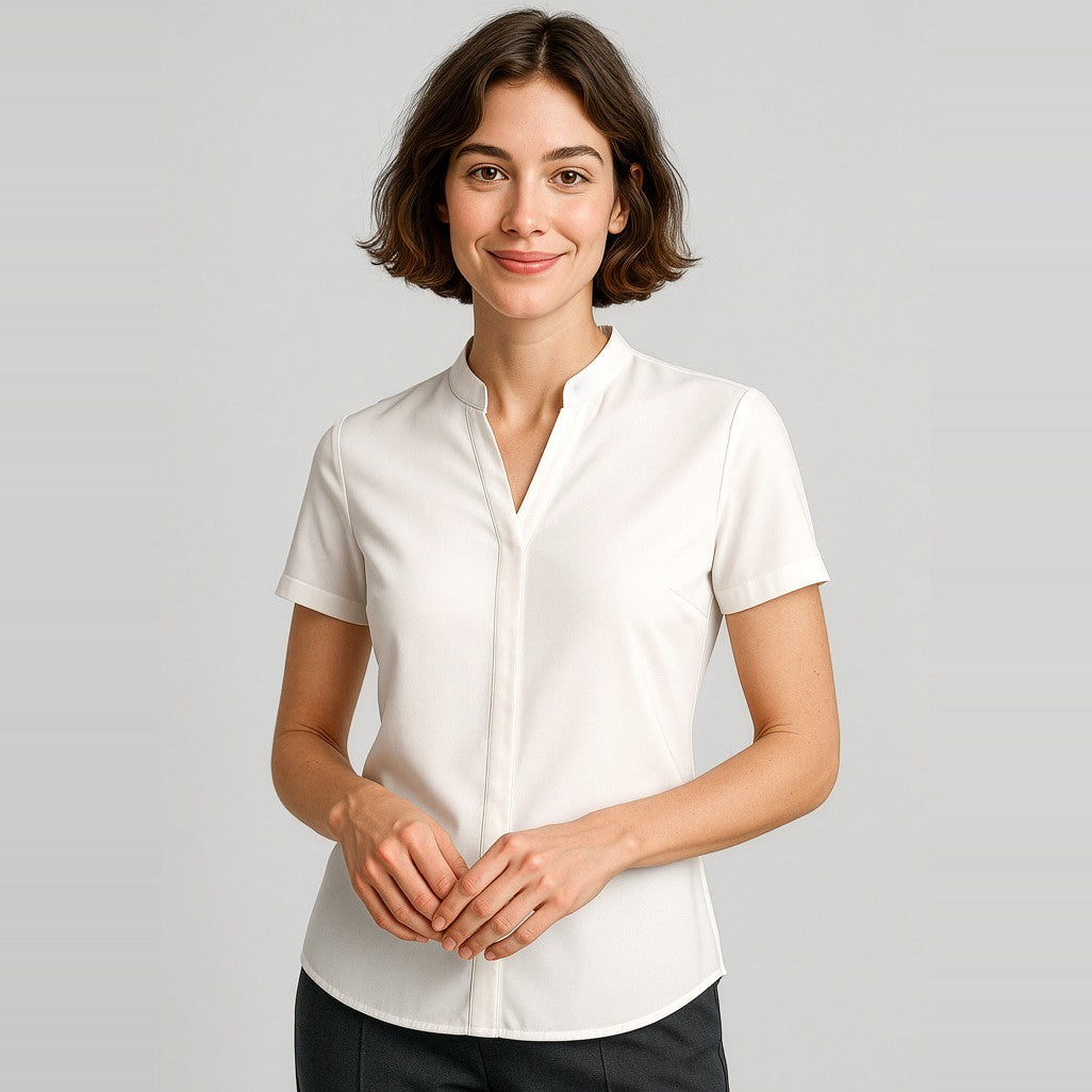 Biz Corporates Juliette Womens Short Sleeve Blouse RB977LS in Ivory, worn by model
