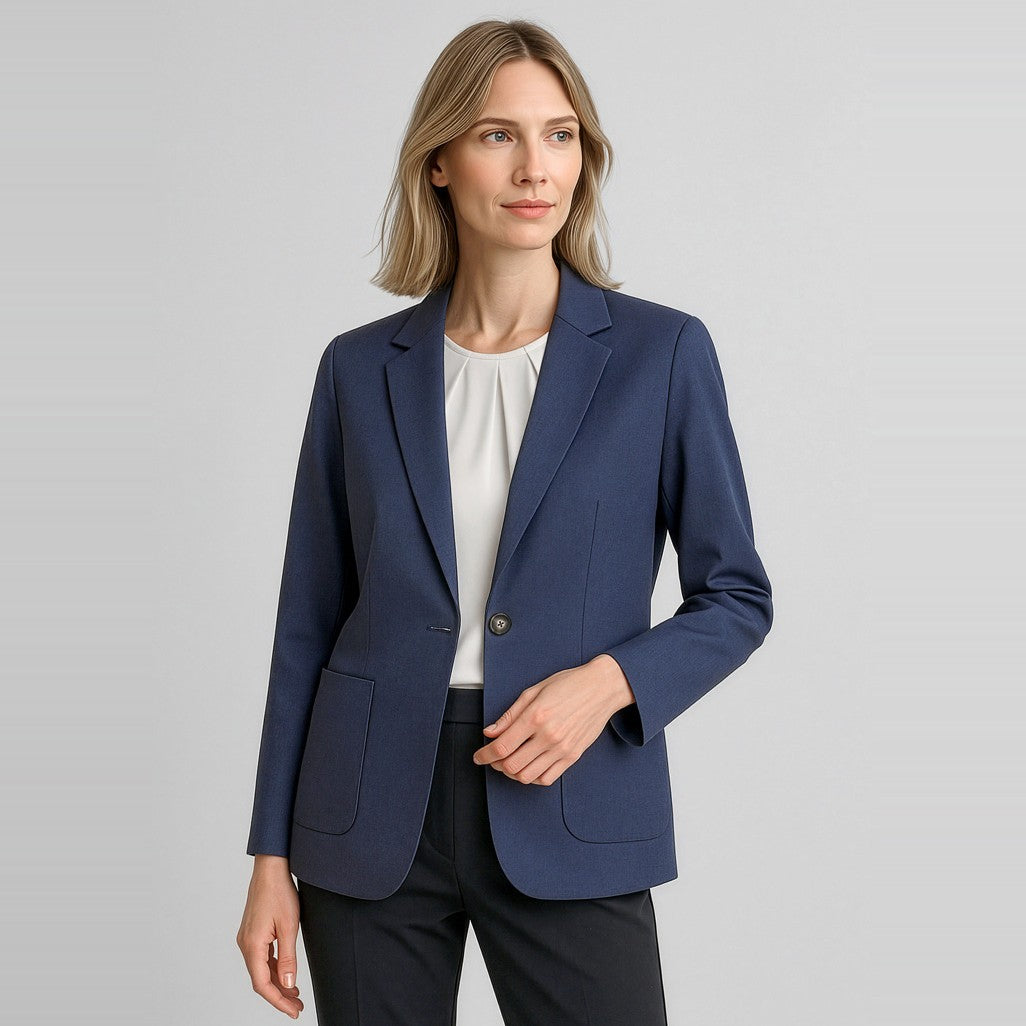 Biz Corporates Arden Womens Blazer RBL068L in Navy, worn by model