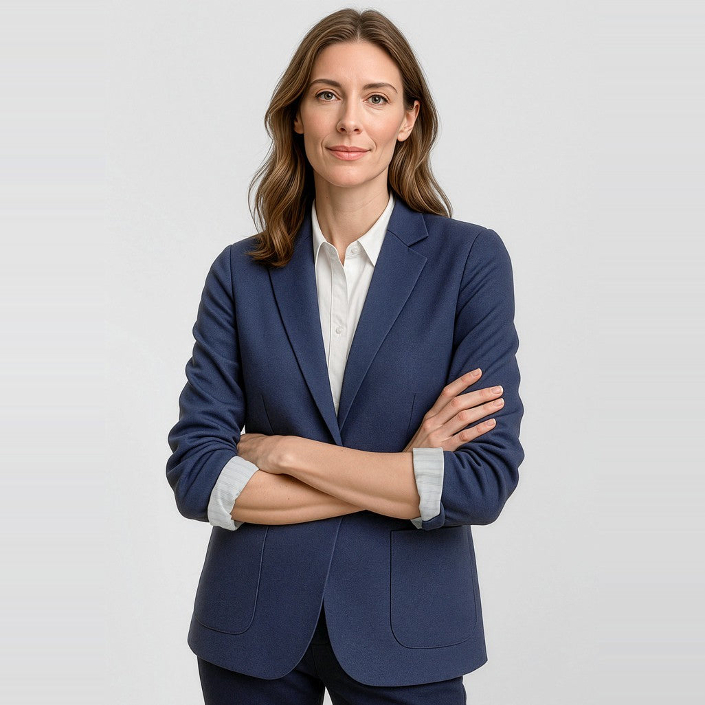 Biz Corporates Arden Womens Blazer RBL068L in Navy, worn by model, view 2