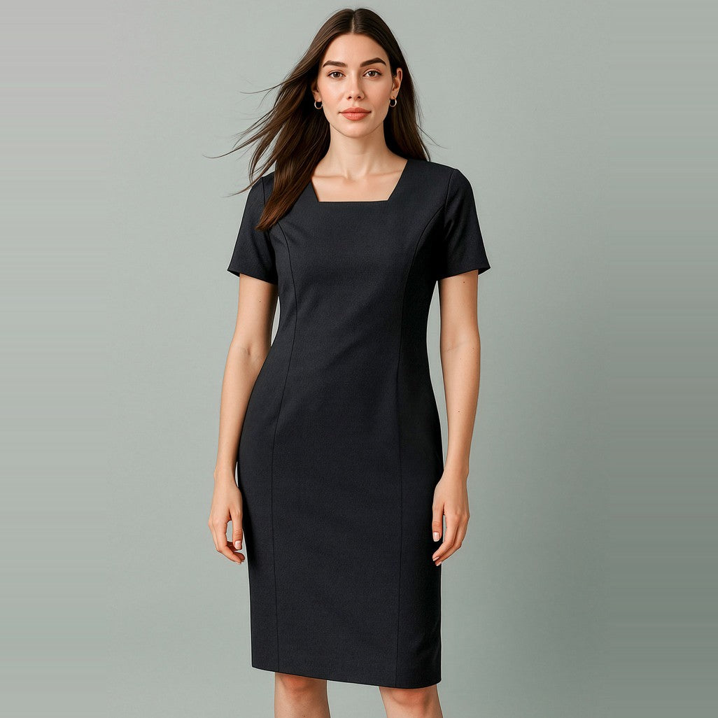 Biz Corporates Renew Womens Short Sleeve Dress RD409L in Pencil Black, worn by model