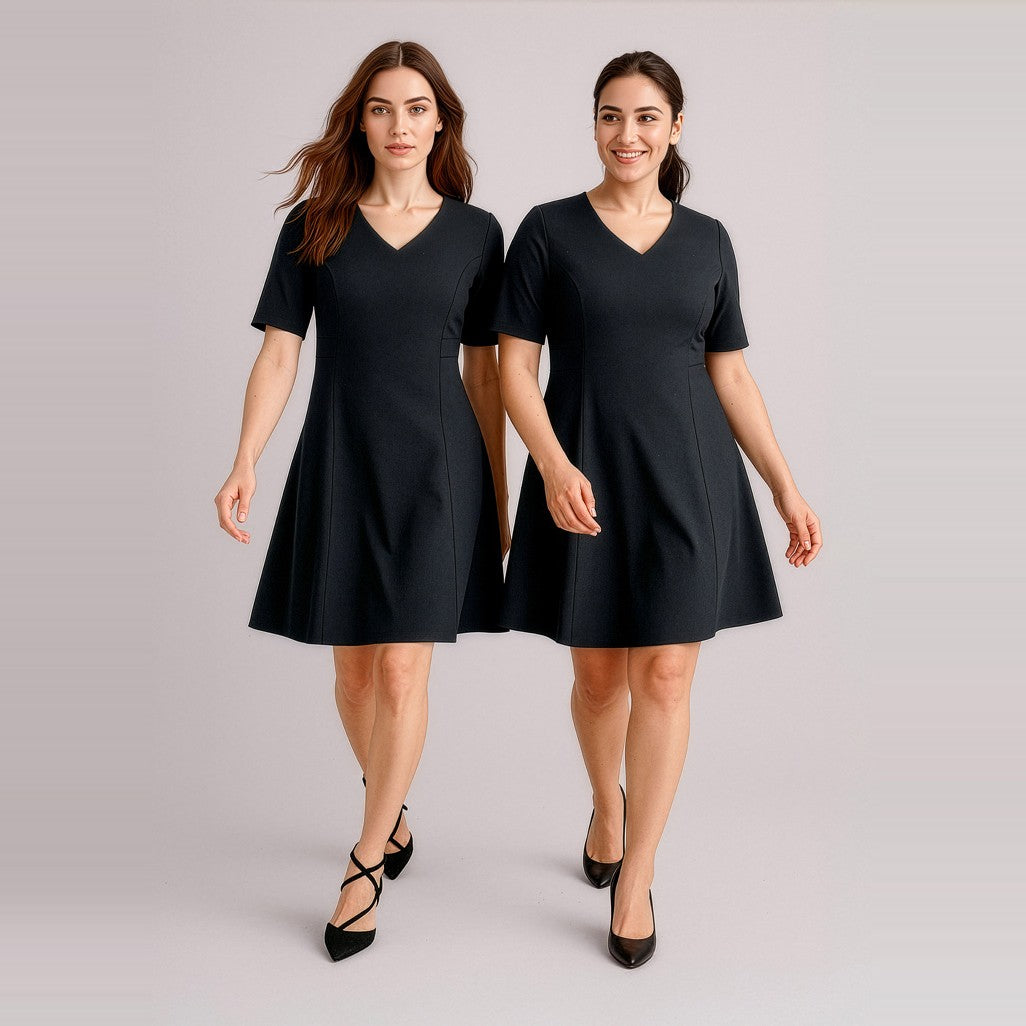Biz Corporates Siena Womens Extended Short Sleeve Dress RD974L in Black, worn by model, view 2