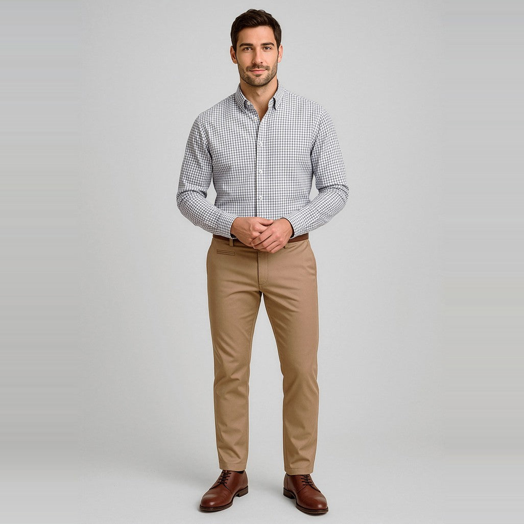 Biz Corporates Traveller Mens Modern Stretch Chino Pant RGP264M in Desert, worn by model