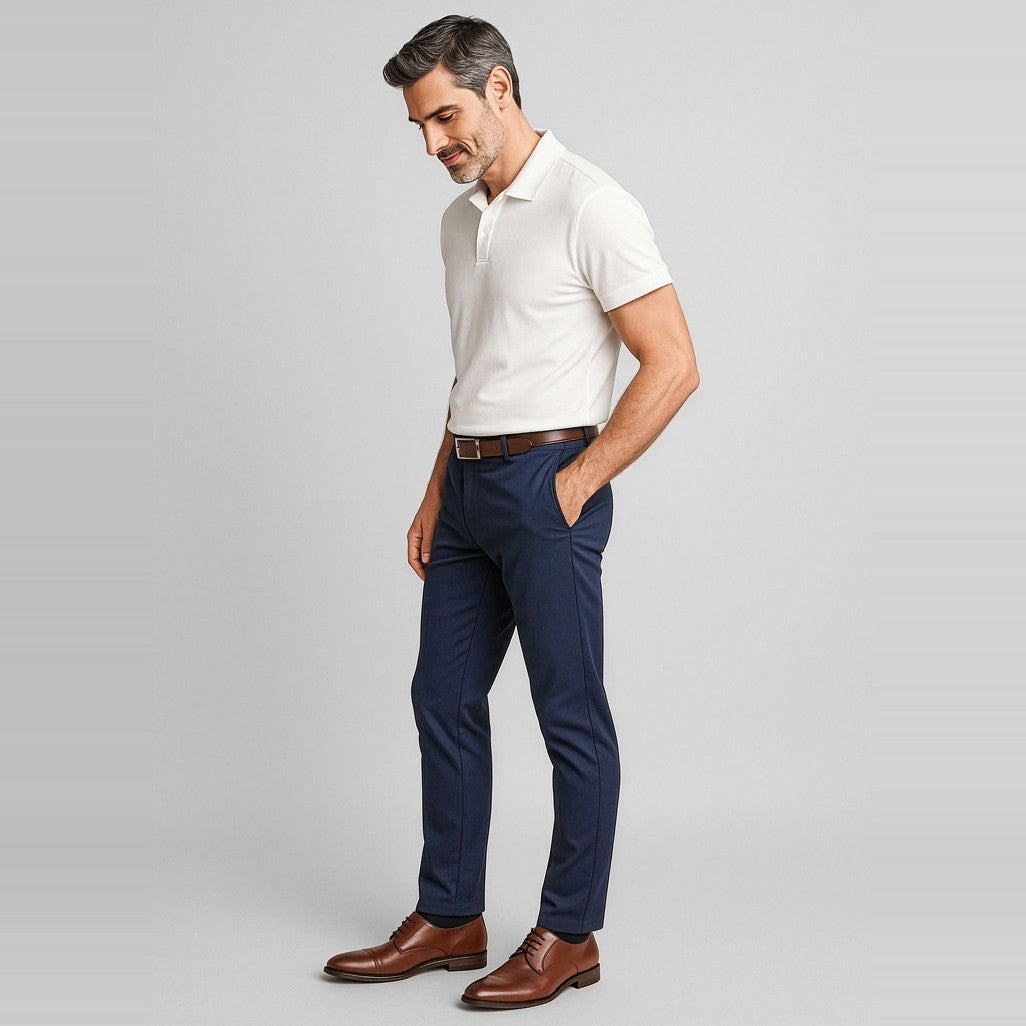 Biz Corporates Traveller Mens Modern Stretch Chino Pant RGP264M in Navy, worn by model