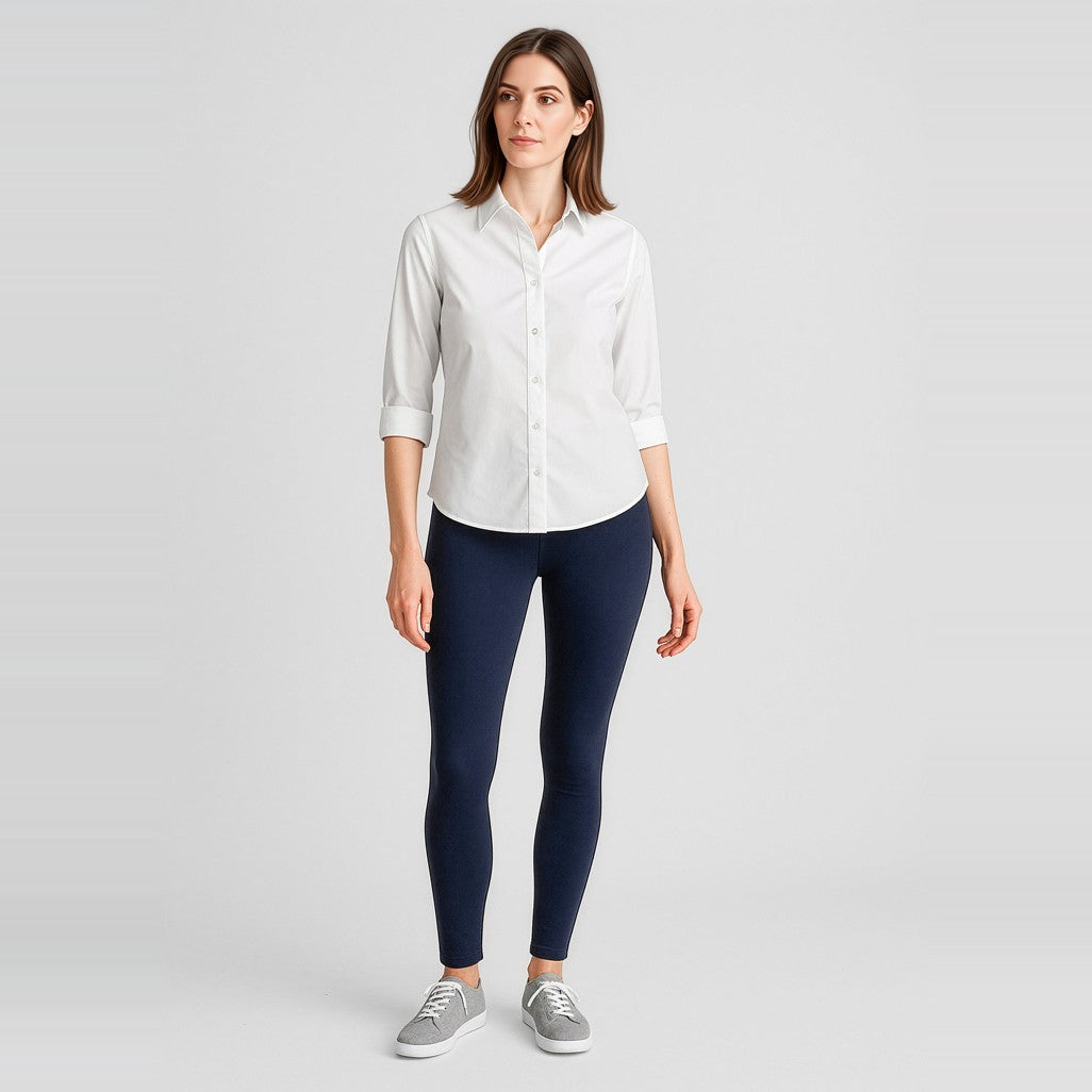Biz Corporates Scuba Ponte Womens High-rise Pull-on Corporate Legging RGP303L in Navy, worn by model, view 2