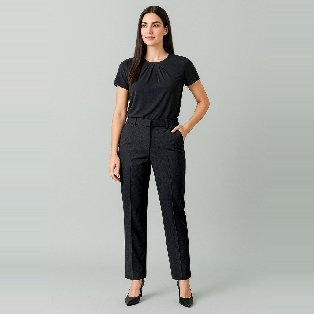 Biz Corporates Renew Womens Tapered Adjustable Waist Pant RGP404L in Pencil Black, worn by model