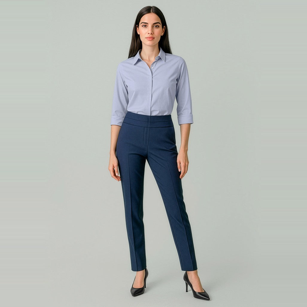 Biz Corporates Renew Womens Mid-Waist Slim Leg Pant RGP405L in Navy Dusk, worn by model