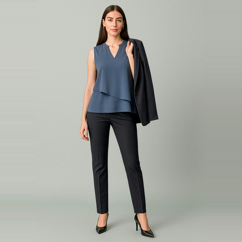 Biz Corporates Renew Womens Mid-Waist Slim Leg Pant RGP405L in Pencil Black, worn by model