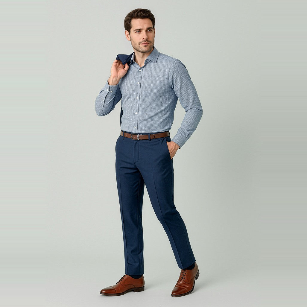 Biz Corporates Renew Mens Slim Fit Flat Front Pant RGP407M in Navy Dusk, worn by model