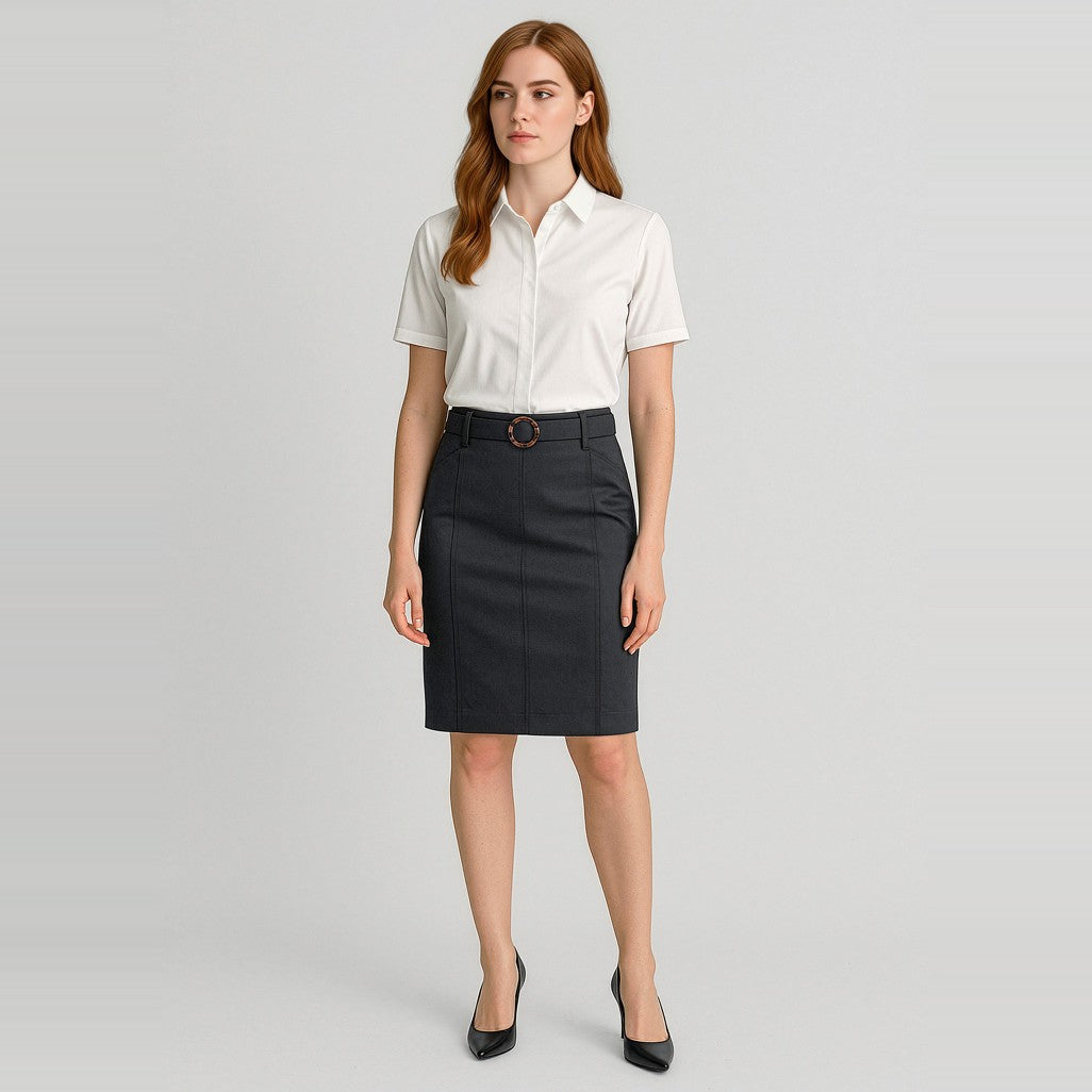 Biz Corporates Traveller Womens Mid Waist Stretch Chino Skirt RGS264L in Black, worn by model