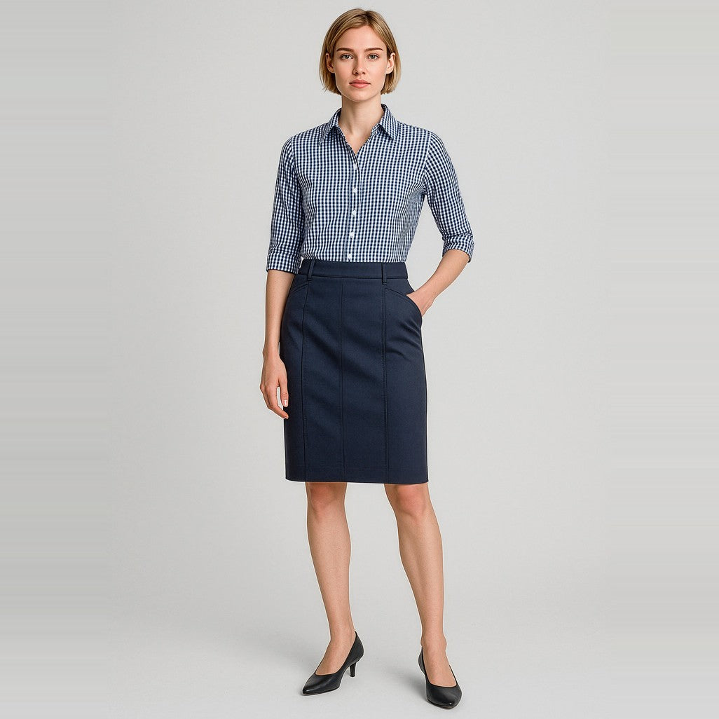 Biz Corporates Traveller Womens Mid Waist Stretch Chino Skirt RGS264L in Navy, worn by model