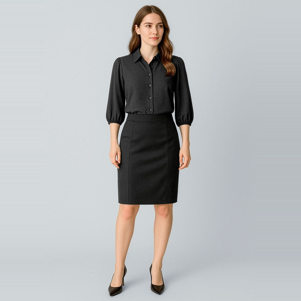 Biz Corporates Cool Stretch Womens Mid-waist Pencil Skirt RGS312L in Black, worn by model
