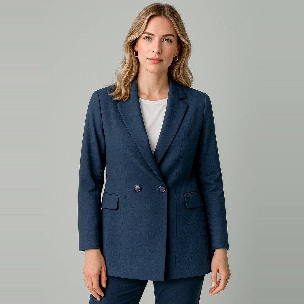 Biz Corporates Renew Womens Double Breasted Longline Jacket RJ400L in Navy Dusk, worn by model