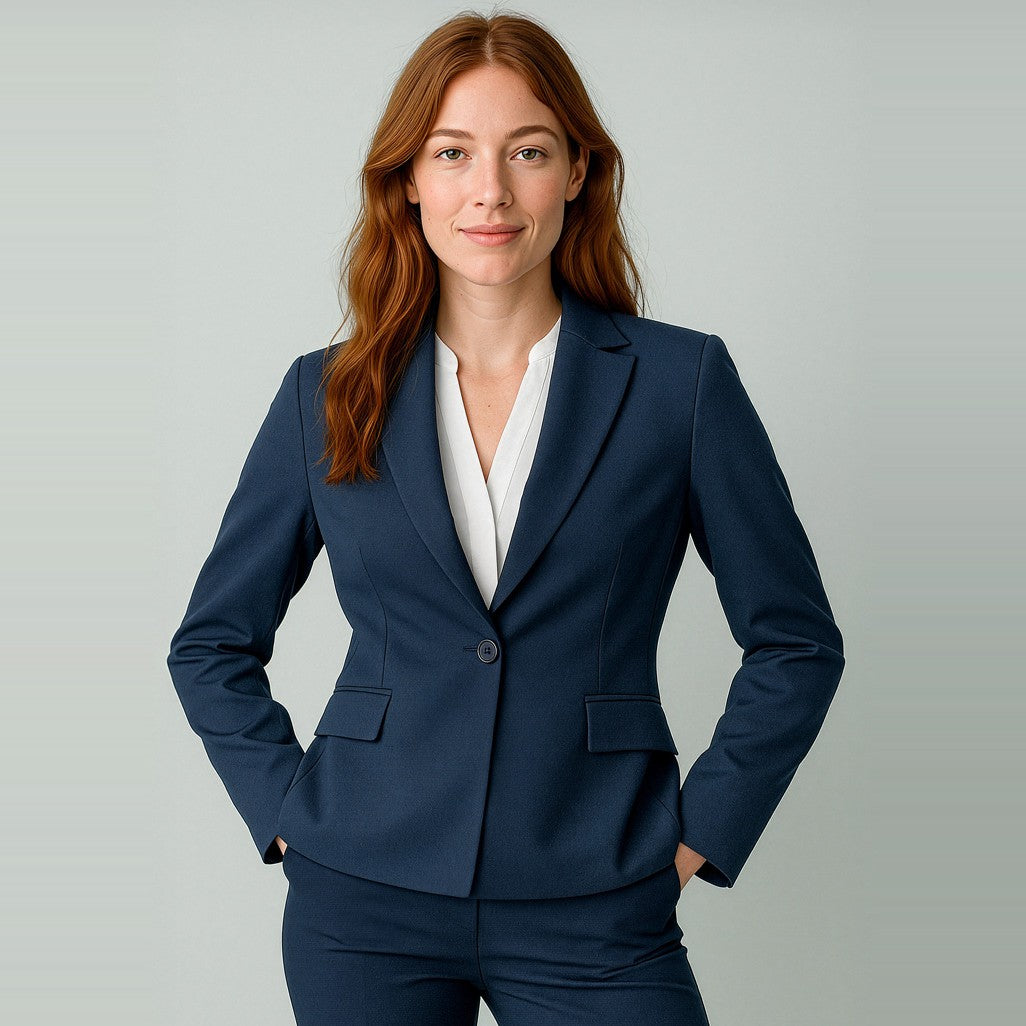 Biz Corporates Renew Womens Single Button Mid Length Jacket RJ401L in Navy Dusk, worn by model