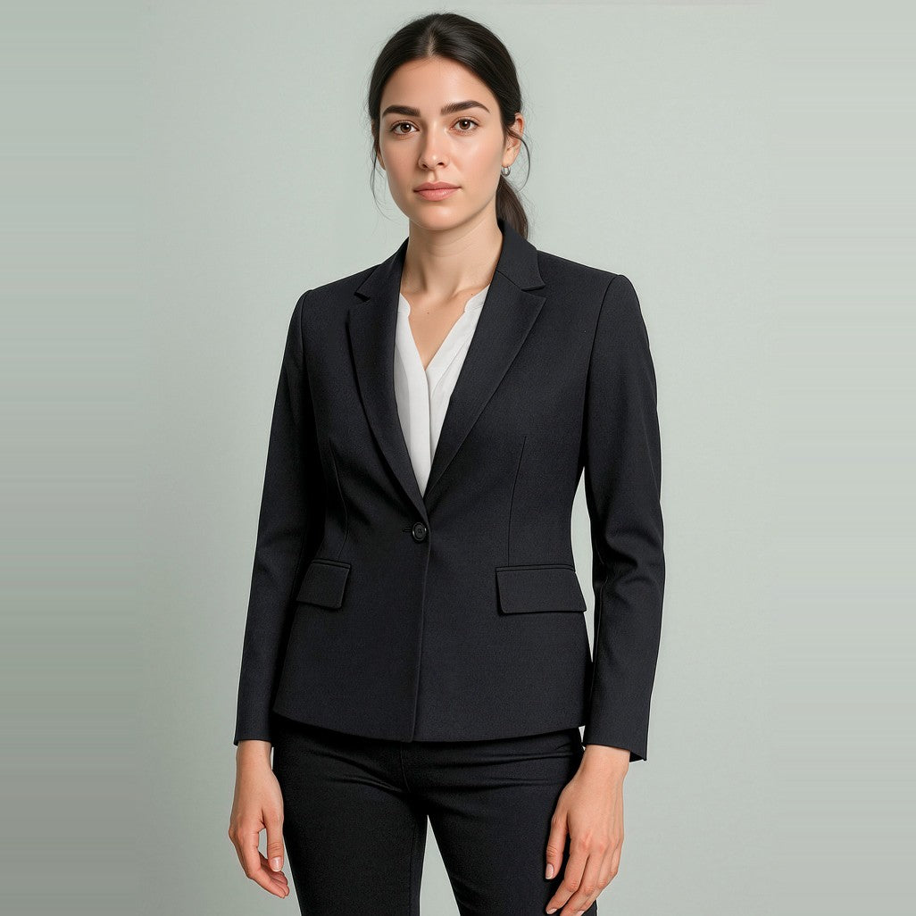 Biz Corporates Renew Womens Single Button Mid Length Jacket RJ401L in Pencil Black, worn by model